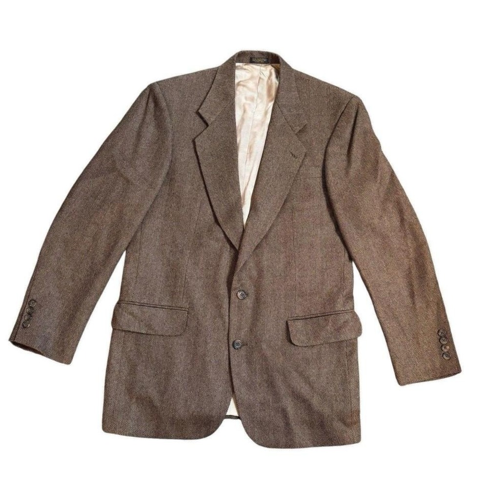 Oscar de la Renta‎ men's blazer 40L 100% Wool herringbone brown 2 button Jacket